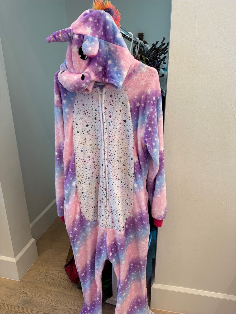 Women’s Size M Plush Unicorn Hooded Onesie - Pink & Purple Galaxy